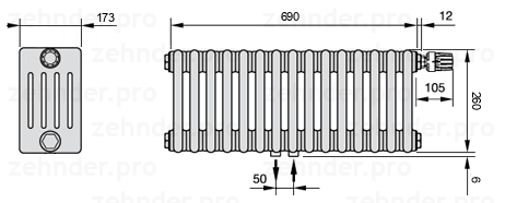 Схема (чертеж) Радиатор Zehnder Charleston 5026/15 №V008 Белый глянцевый RAL 9016